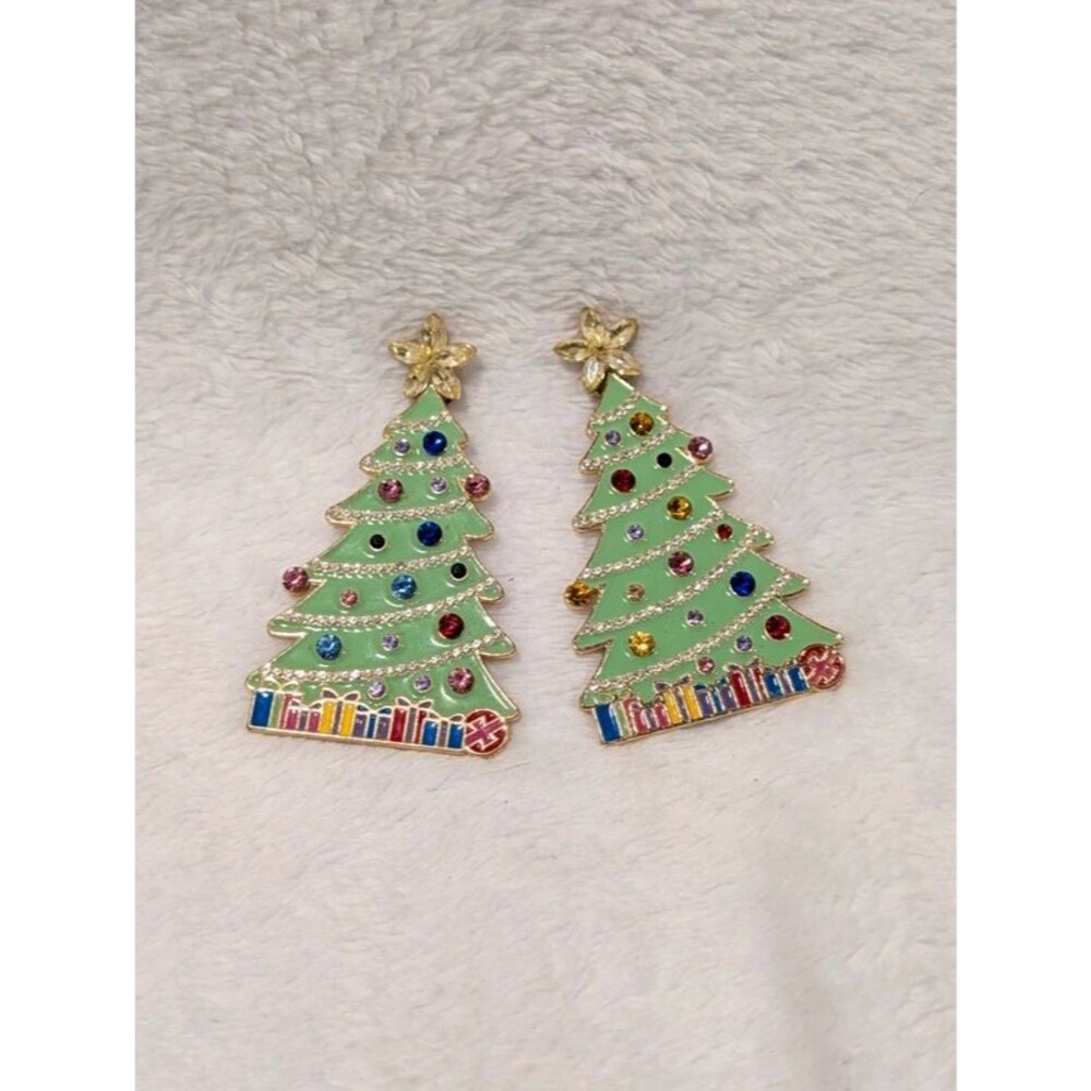 Large Enamel Rhinestone Christmas Tree Drop Earrings Holiday Kitsch